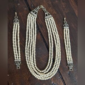 Heidi Daus 5 Strand Faux Pearl Art Deco Statement 2 In 1 Necklace & Bracelet Set